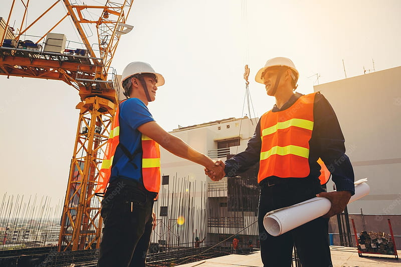 hd wallpaper premium architect and engineer construction workers shaking hands while working outdoors construction site